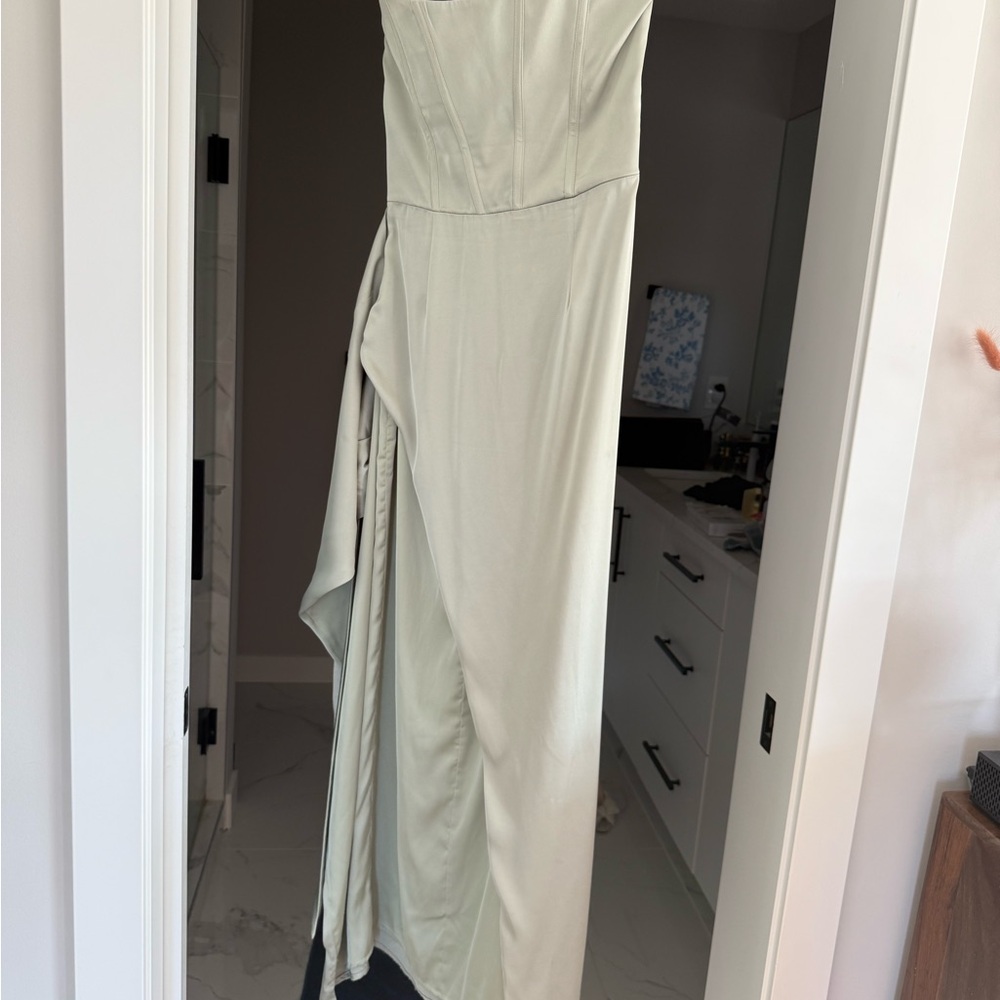 V Chapman June Corset Elegant Strapless Satin Dress in Sage Green - Picture 10 of 15